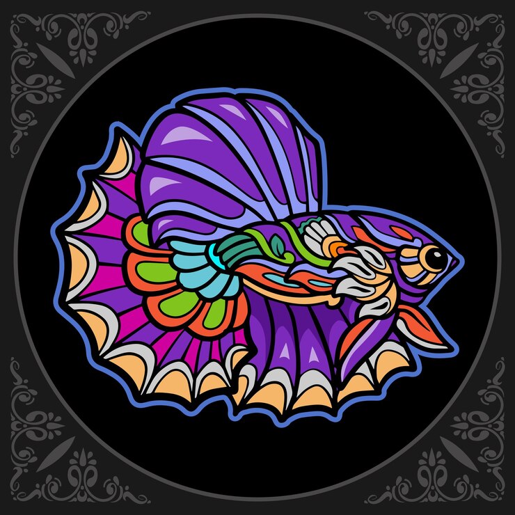 Vettore arti colorate di mandala di pesce betta isolate su sfondo nero