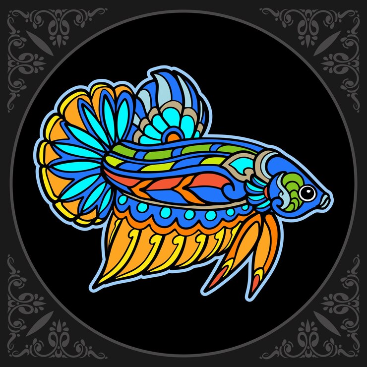 Vettore arti colorate di mandala di pesce betta isolate su sfondo nero
