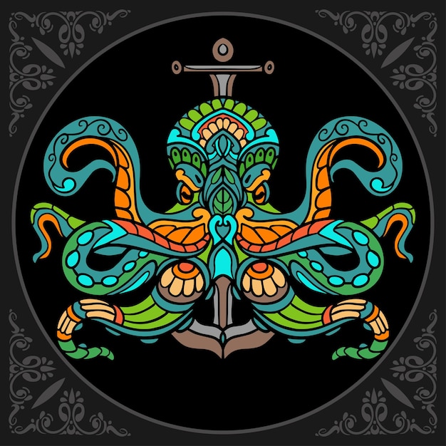 Arti colorate di zentangle di polpo Kraken isolate su sfondo nero