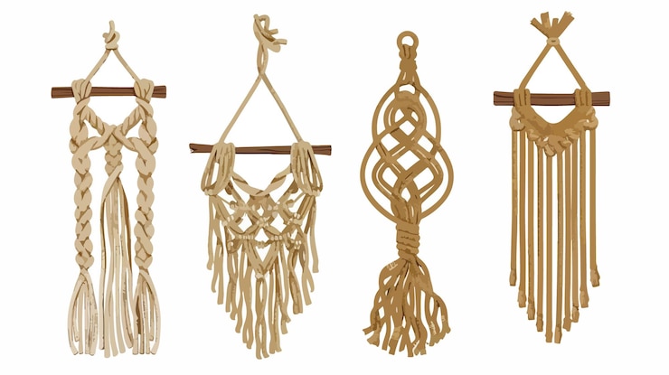 Vettore articoli creativi di decorazione macrame design artistico di corde per l'ispirazione dell'arredamento della casa