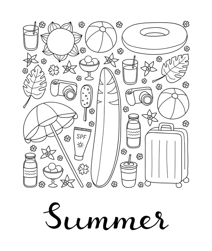 Articoli estivi e vacanze disegnati a mano in forma quadrata