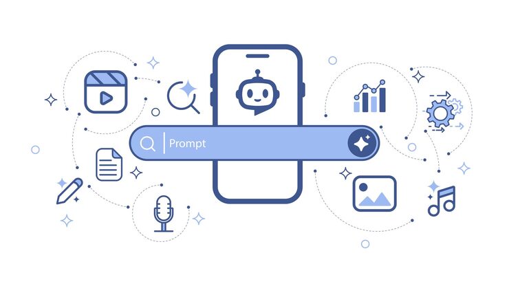 Vettore artificial intelligence technology concepts smartphone with generative bar and media icon machine learning and generate input prompt as commands for search and generate vector illustration