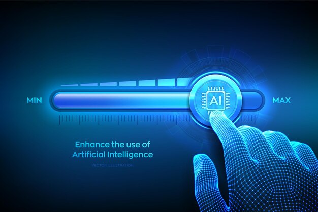 Artificial intelligence Wireframe hand is pulling up to the maximum position progress bar with the AI icon Increase the use of artificial intelligence and automation technology Vector illustration