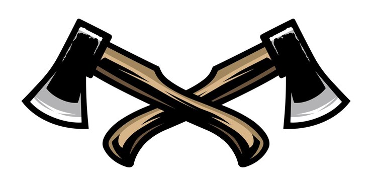 Vettore ascia. logo del boscaiolo ascia. due assi incrociati. icona dello strumento per la lavorazione del legno. emblema dell'attrezzatura da campeggio.