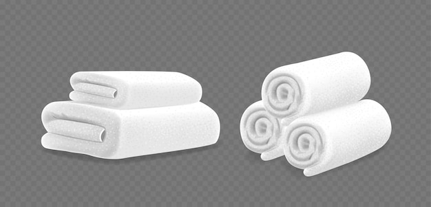 Asciugamani bianchi accuratamente impilati e arrotolati su uno sfondo trasparente tessuto domestico vettoriale 3D
