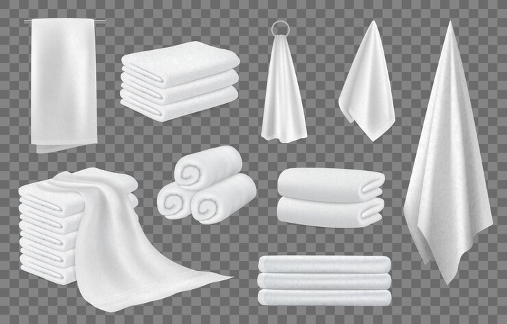 Vettore asciugamani piegati realistici simbolo di lavanderia in tessuto bianco stack arrotolato per casa o hotel doccia bagno o ospedale tessuto di cotone e panno da bagno elementi 3d tessuto neoterico vettoriale