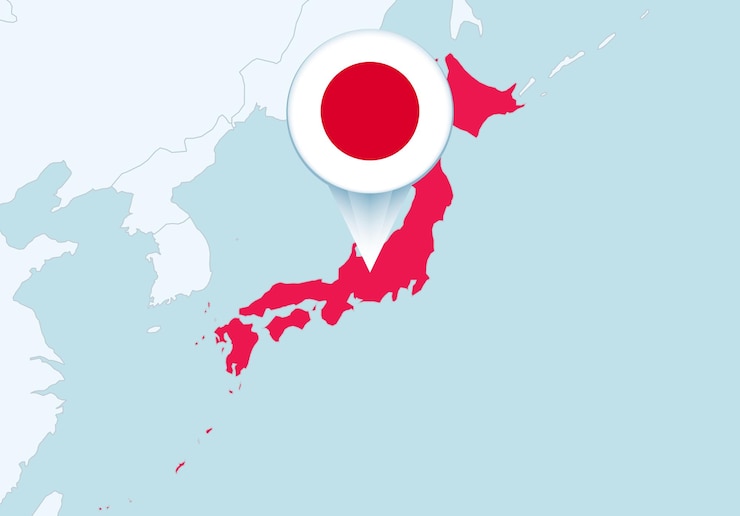 Vettore asia con la mappa del giappone selezionata e l'icona della bandiera del giappone