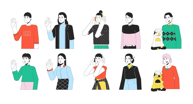 Asiatici casuali personaggi di cartoni animati lineari 2D giapponesi coreani adulti isolati persone vettoriali di linea sfondo bianco dita di pace ascoltando musica accarezzare gatto colore punto piatto illustrazione bundle