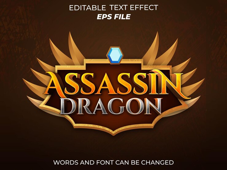 Vettore assassino dragon testo effetto font tipografia modificabile testo 3d per giochi rpg fantasy medievali