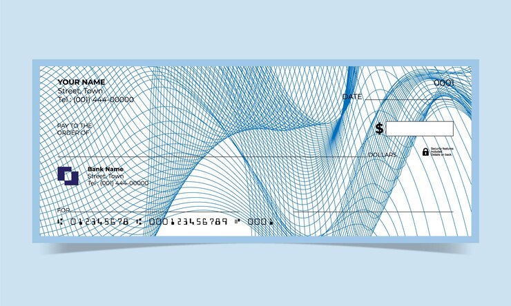 Vettore assegno in bianco, disegno di assegno bancario, formato vettoriale