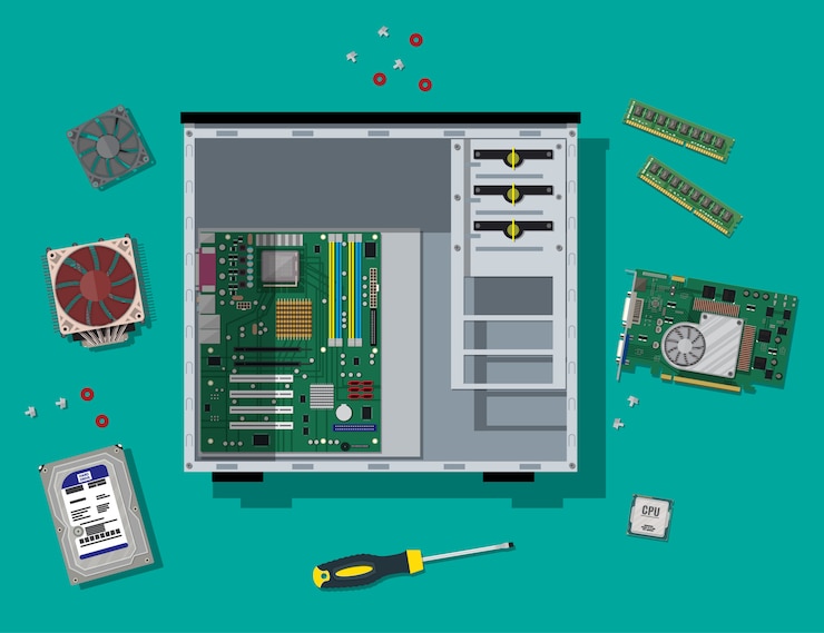 Vettore assemblaggio pc. hardware per personal computer.