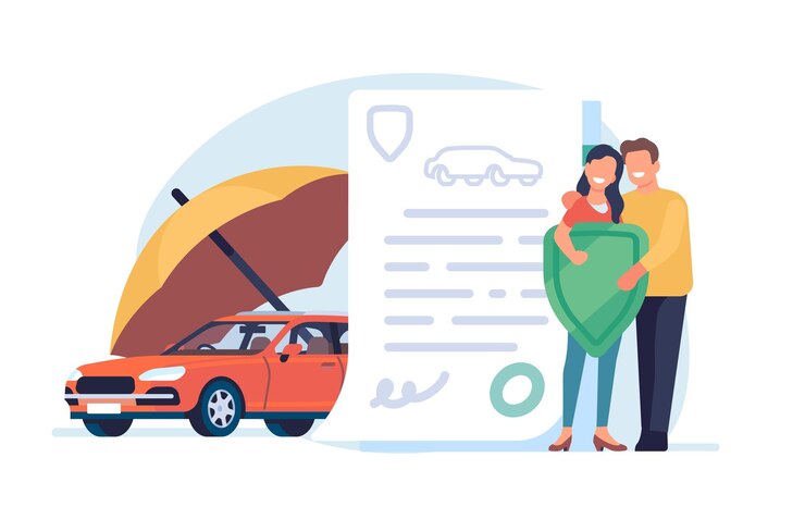 Assicurazione auto Automobile sotto l'ombrello Coppia felice con scudo e contratto di assicurazione Sicurezza della proprietà Servizio di protezione del trasporto Copertura di protezione del veicolo Concetto vettoriale