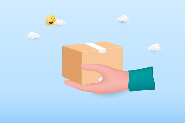 Assicurazione per la spedizione 3D Concetto di sicurezza e logistica per il trasporto Illustrazione vettoriale 3D della scatola dei pacchi con la mano 3D