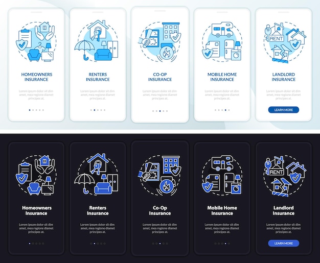 Assicurazione proprietà Modalità notte e giorno onboarding Schermata dell'app mobile Procedura guidata 5 passaggi pagine di istruzioni grafiche con concetti lineari Modello GUI UI UX Myriad ProBold Caratteri utilizzati regolarmente