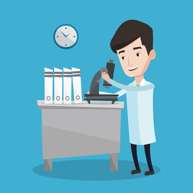 Assistente di laboratorio con microscopio.