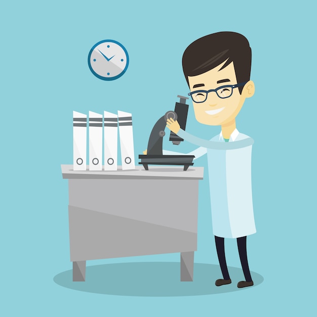 Assistente di laboratorio con microscopio.