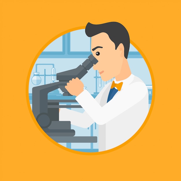Assistente di laboratorio con microscopio.