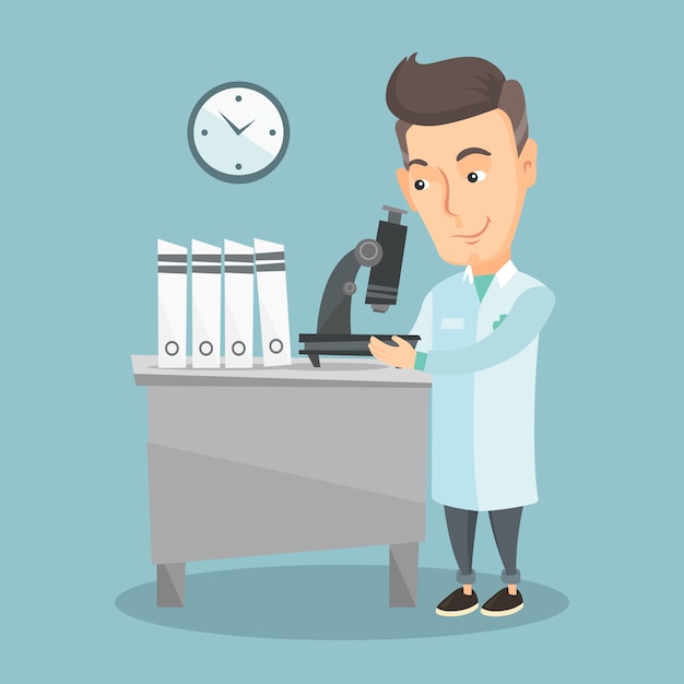 Assistente di laboratorio con microscopio.