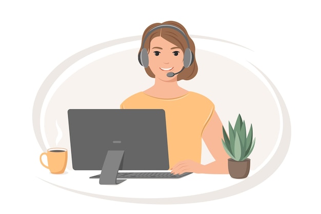 Assistenza clienti, call center. Donna con cuffie e microfono con laptop