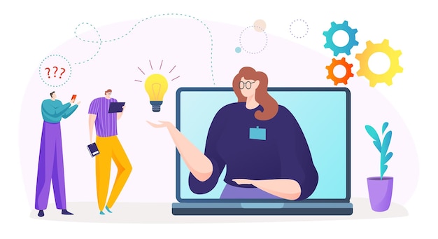 Assistenza clienti servizio online illustrazione vettoriale enorme assistente personaggio donna tenere idea lampadina al computer portatile piccolo lavoratore uomo ha domanda