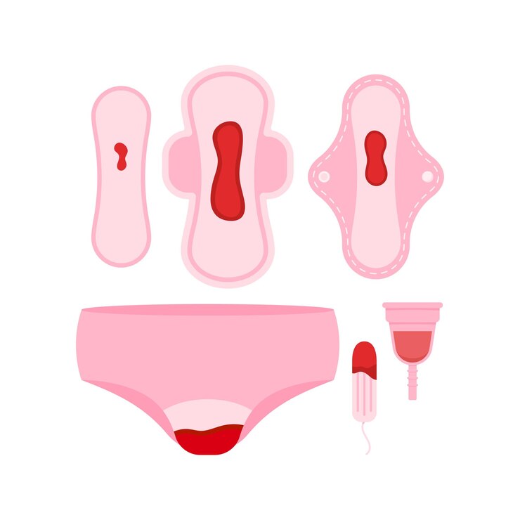 Assorbente sanitario donne assorbenti mestruali assorbenti assorbenti riutilizzabili mutande mestruali con set di icone del sangue mestruale isolato su sfondo bianco Design piatto illustrazione in stile cartone animato