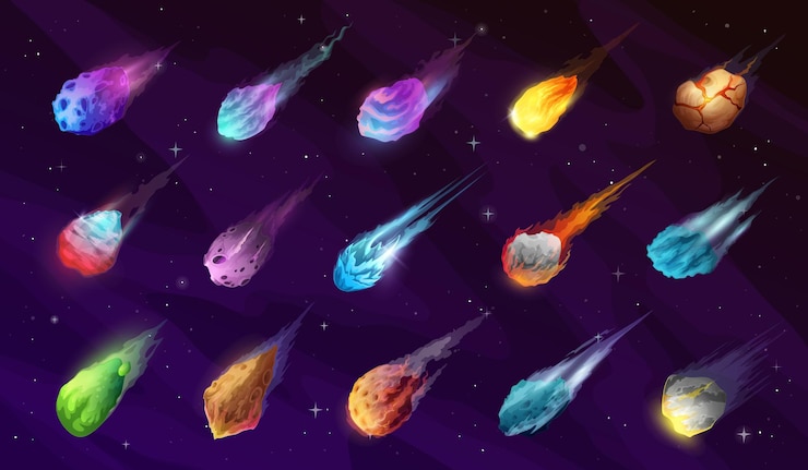Vettore asteroidi comete e meteore con cartoni animati di scie