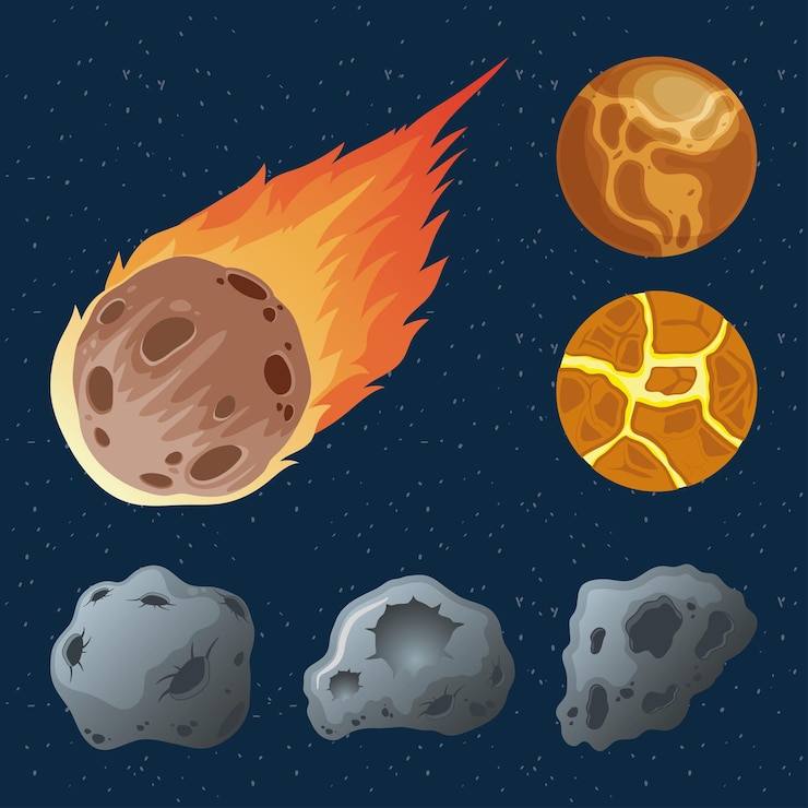Vettore asteroidi con pianeti e meteoriti in fiamme icone