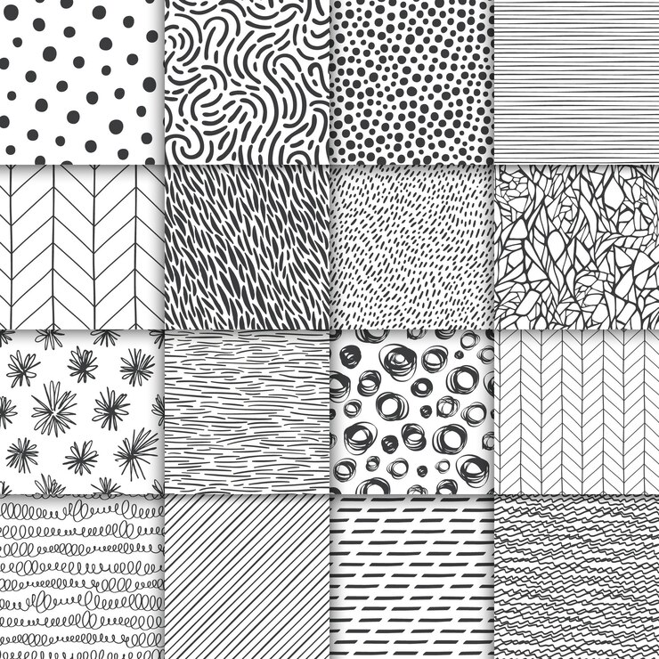 Vettore astratti disegnati a mano geometrici semplici minimalisti modelli senza cuciture impostati polka dot strisce onde simboli casuali texture illustrazione vettoriale colorato luminoso modello per il tuo design