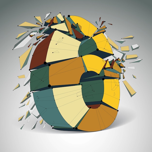 Astratto 3d sfaccettato colorato numero 6 con linee e punti neri collegati. Elemento di design vettoriale low poly in frantumi con frammenti e particelle. Effetto esplosione.