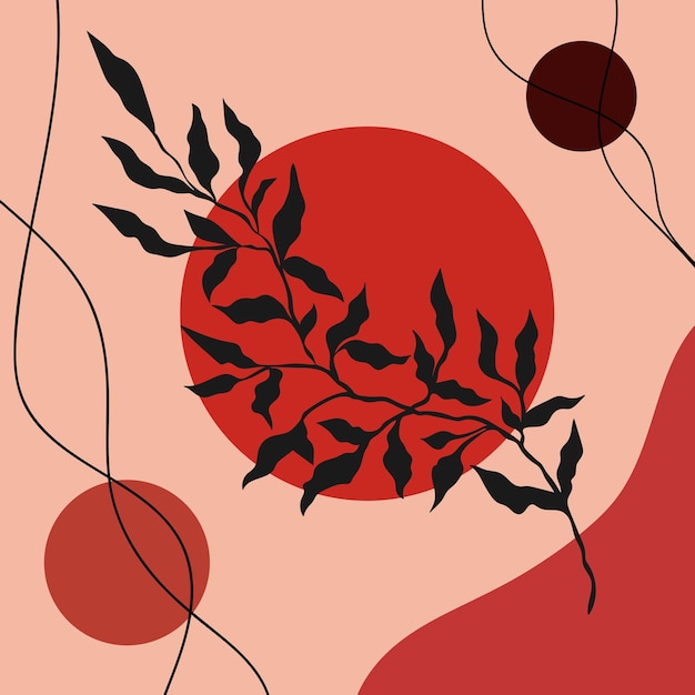 Astratto sfondo botanico con forme e linee nei colori rosso e nero Concept vector art