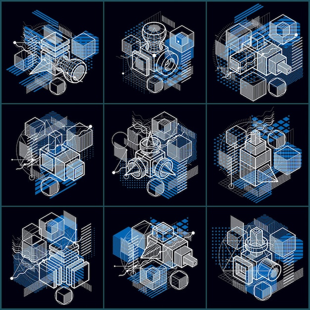 Astrazioni isometriche con linee ed elementi diversi, sfondi astratti vettoriali. Composizioni di cubi, esagoni, quadrati, rettangoli e diversi elementi astratti. Insieme di vettore.