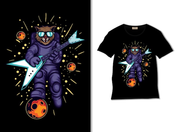 Astrocat suona la chitarra nell'illustrazione spaziale con il design della maglietta