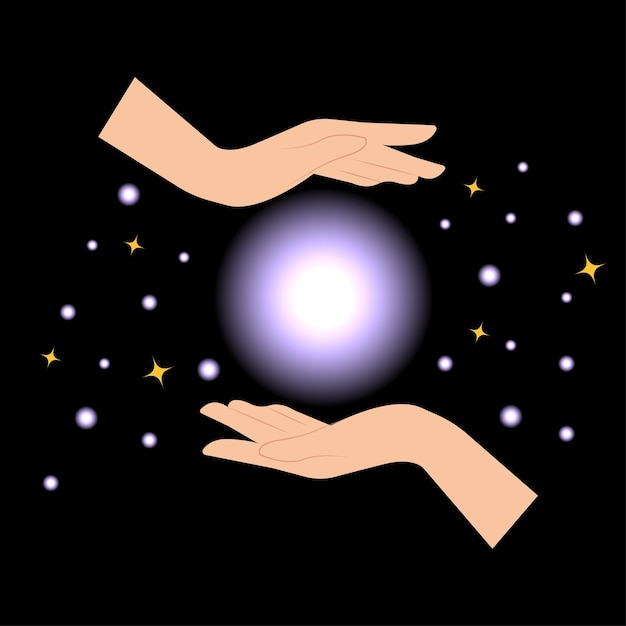 Astrologia metafisica scienza vettore con le mani umane e sfera luminosa influenza dello spazio