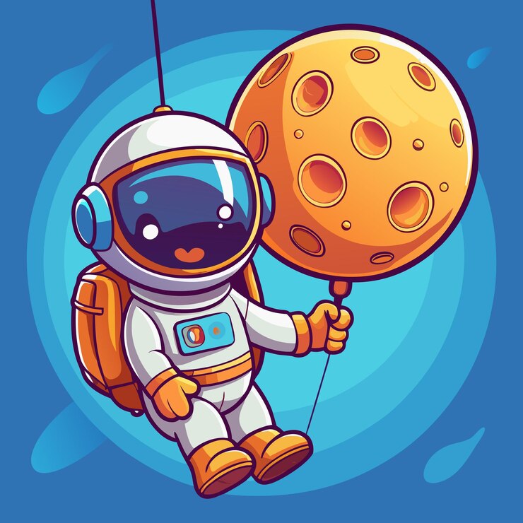 Astronauta che galleggia con l'icona lunare Illustrazione Spaceman Mascotte Personaggio dei cartoni animati