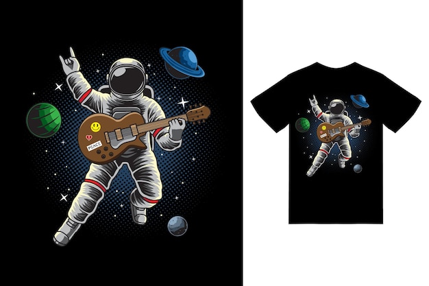 Astronauta che suona la chitarra nello spazio illustrazione con tshirt design premium vector