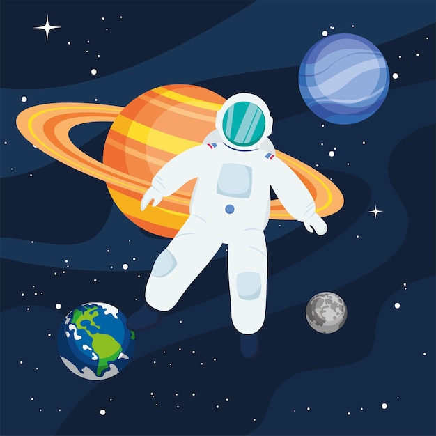 Astronauta davanti a Saturno nello spazio dell'universo