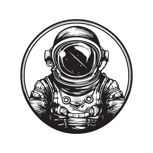 Astronauta logo vintage concetto colore bianco e nero illustrazione disegnata a mano