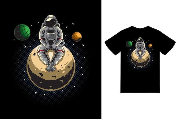 Astronauta seduto nell'illustrazione della luna con tshirt design premium vector