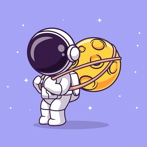 Astronauta sveglio che solleva la luna con l'illustrazione dell'icona di vettore del fumetto della corda. Tecnologia scientifica isolata