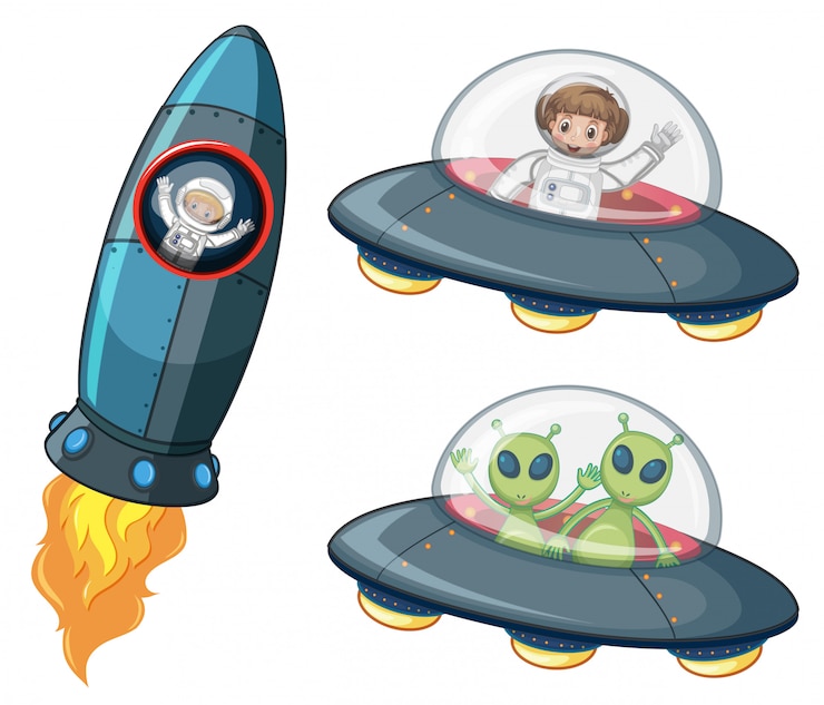 Vettore astronauti e alieni in astronavi