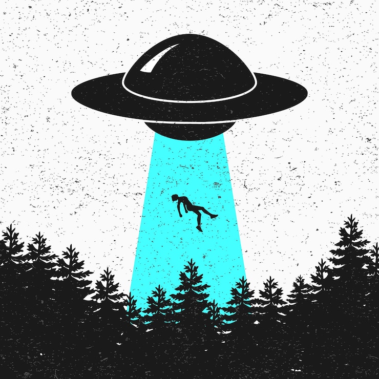 Vettore astronave ufo rapimento alieno foresta vettore bianco e nero