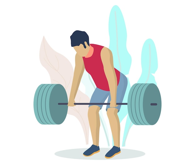 Atleta, sportivo, bilanciere di sollevamento bodybuilder, illustrazione vettoriale piatta. Allenamento di bodybuilding in palestra fitness. Sport di sollevamento pesi, powerlifting.