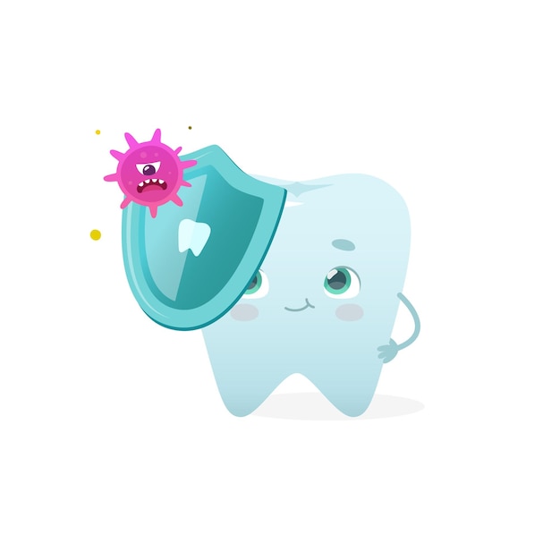 Attacco batterico sul dente con scudo di protezione Dente carino cartone animato con microbi Illustrazione vettoriale del problema dentale per i bambini