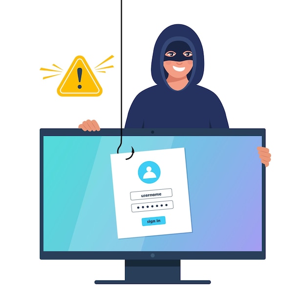 Attacco hacker di phishing dei dati Hacker ladro in maschera che ruba informazioni personali dal computer