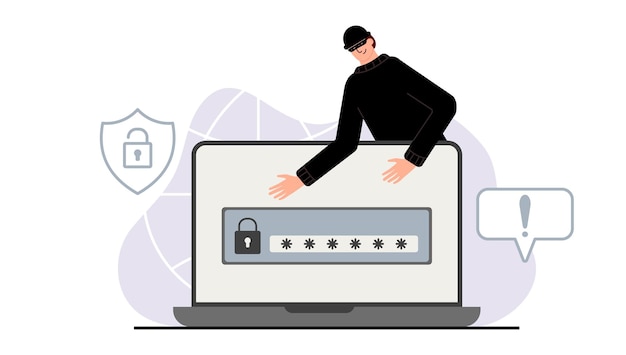 Attacco hacker. Frode con i dati degli utenti sui social network. Furto di carte di credito o di debito. Phishing su Internet, nome utente e password violati. Cibercriminalità e criminalità. Un ladro su un sito web online su Internet.