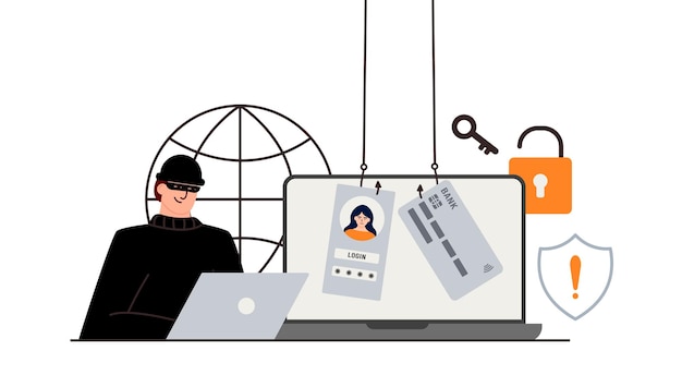 Attacco hacker. Frode con i dati degli utenti sui social network. Furto di carte di credito o di debito. Phishing su Internet, nome utente e password violati. Cibercriminalità e criminalità. Un ladro su un sito web online su Internet.