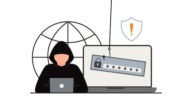 Attacco hacker. Frode con i dati degli utenti sui social network. Furto di carte di credito o di debito. Phishing su Internet, nome utente e password violati. Cibercriminalità e criminalità. Un ladro su un sito web online su Internet.