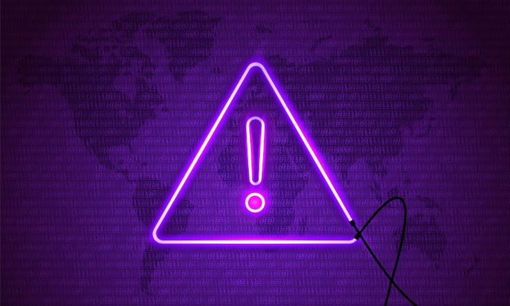 Vettore attenzione pericolo hacking. simbolo al neon sulla mappa sfondo viola. protezione della sicurezza malware hack.