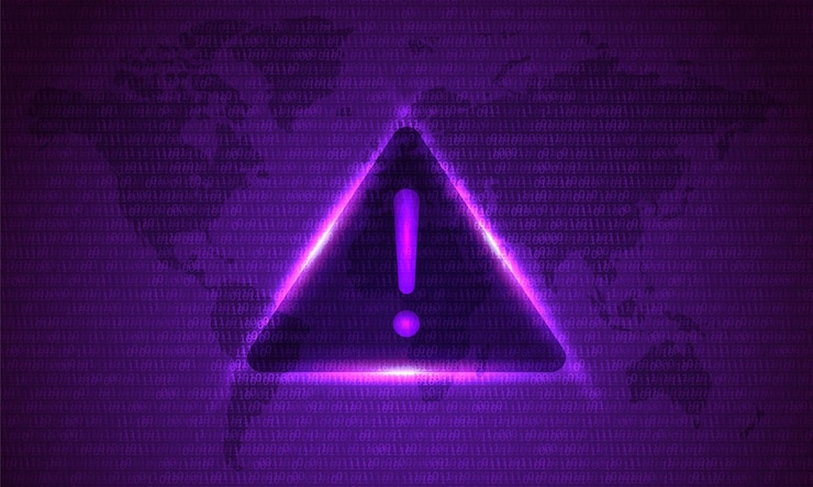 Vettore attenzione pericolo simbolo di hacking sulla mappa sfondo viola scuro. protezione di sicurezza. attacco hacker.