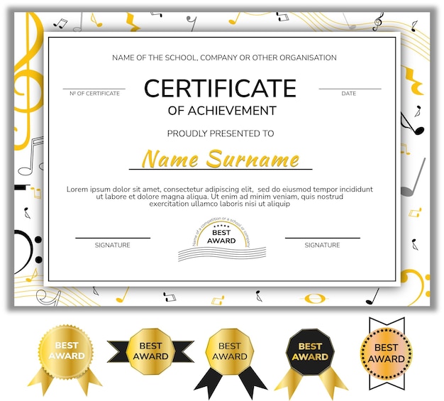 Attestato di successo musicale. Attestato Premio Musicale. Per adulti e bambini Concorso musicale